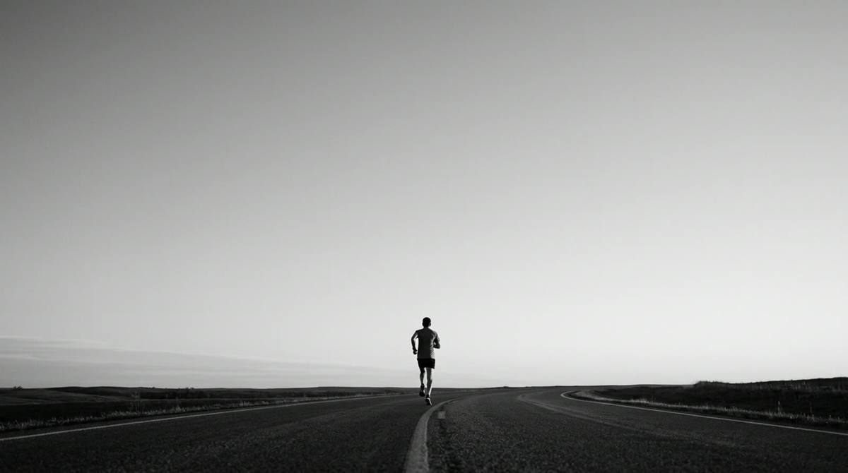 A lone runner on an open road stretching to the horizon