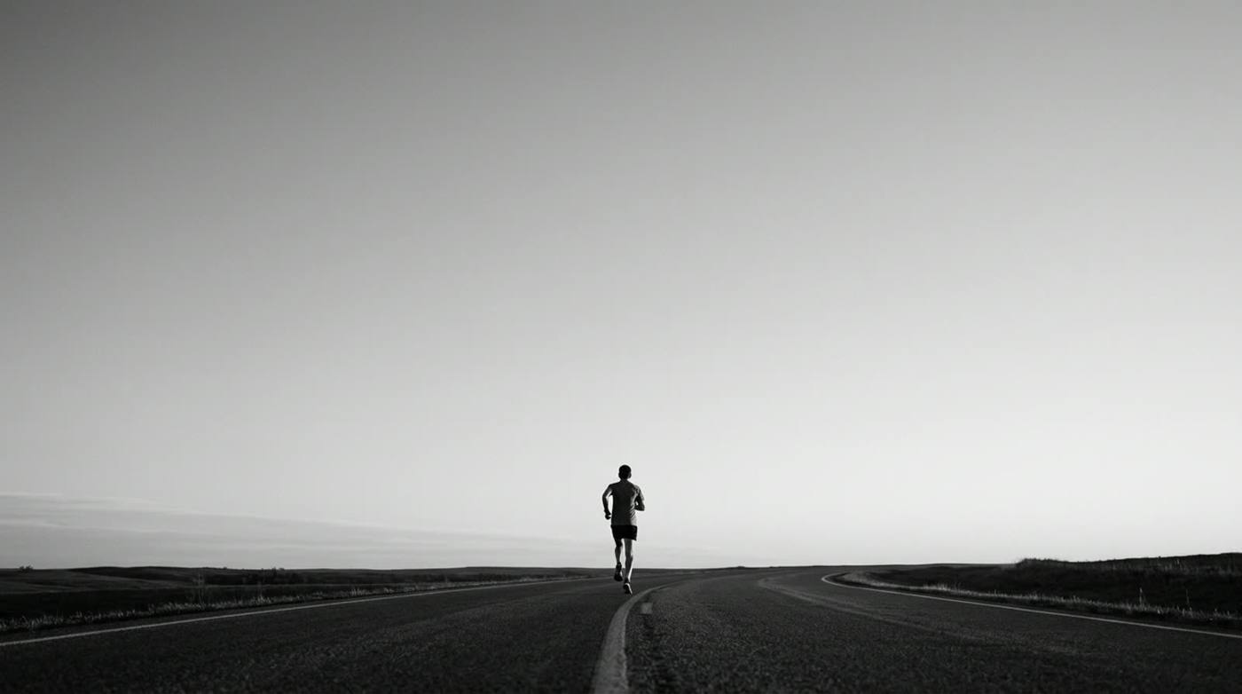 A lone runner on an open road stretching to the horizon