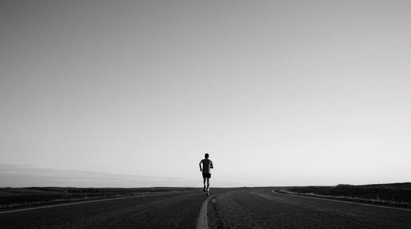 A lone runner on an open road stretching to the horizon